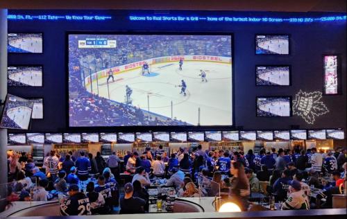 a crowd of people watching a hockey game on a screen at Luxury Downtown Toronto 2 Bedroom Suite with City and Lake Views and Free Parking in Toronto