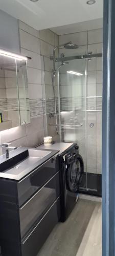 a bathroom with a washing machine and a sink at F2 confortable Carnon-Plage in Carnon-Plage