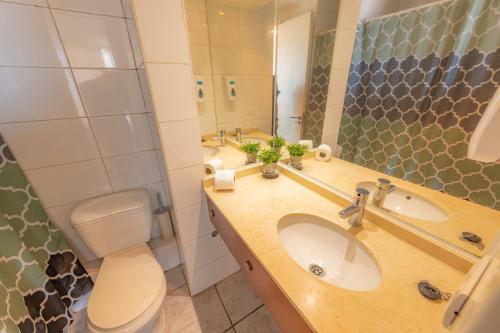a bathroom with a sink and a toilet and a mirror at Oceana Suites Coraceros in Viña del Mar