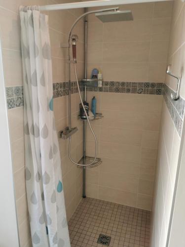 La salle de bains est pourvue d'une douche avec un rideau de douche blanc. dans l'établissement Studio Climatisé 38m2 Poitiers proche Futuroscope, à Buxerolles