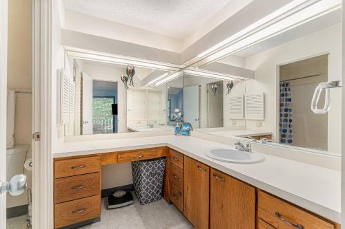 La salle de bains est pourvue d'un lavabo et d'un grand miroir. dans l'établissement Loggers Run, Unit 42, à Glen Arbor