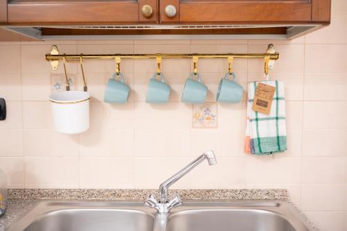 - un évier de cuisine avec des tasses suspendues à un portant dans l'établissement Casa Della Nonna, à Manfredonia