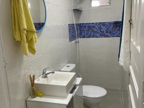La salle de bains blanche est pourvue d'un lavabo et de toilettes. dans l'établissement Dith's House, à Campos do Jordão