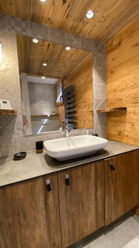 une salle de bain avec un grand lavabo et un miroir dans l'établissement Chalet Birdie, au Grand-Bornand