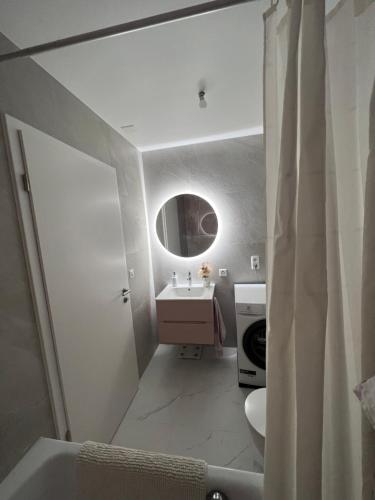 a bathroom with a sink and a mirror at Terrasse de lavaux chambre privée in Puidoux