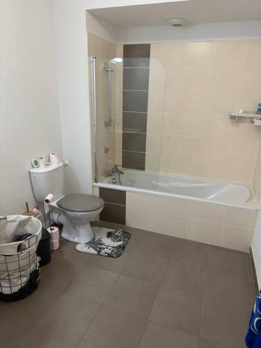 La salle de bains est pourvue d'une baignoire, de toilettes et d'un lavabo. dans l'établissement Studio meublé, à Perpignan