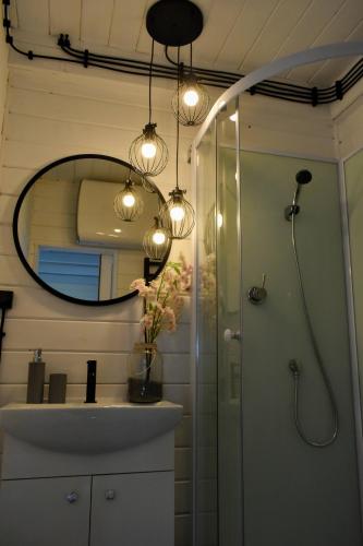 a bathroom with a sink and a mirror and a shower at Domek na Winnicy Zagrabie in Rybna