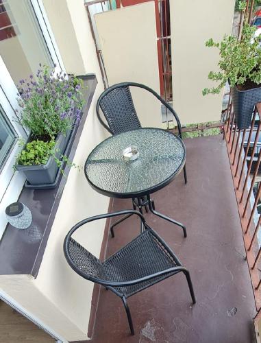 uma mesa e cadeiras numa varanda com plantas em Nad Drwęcą em Brodnica