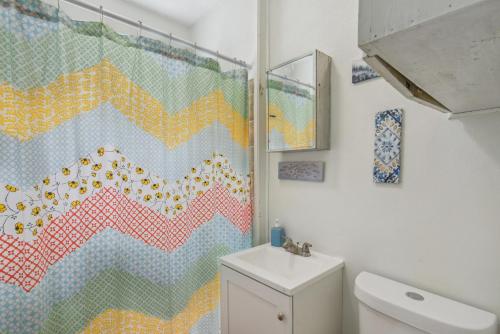 uma casa de banho com um chuveiro e uma cortina de chuveiro colorida. em Cozy Massachusetts Escape with Patio, Near Beaches! em Fairhaven