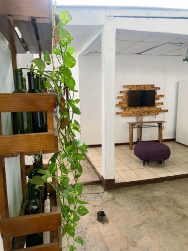 a living room with a table and a purple ottoman at 8 Habitaciones in Managua