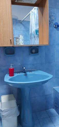 Baño azul con lavabo y aseo en Affitta stanza da Paola INTRA Lago, en Intra