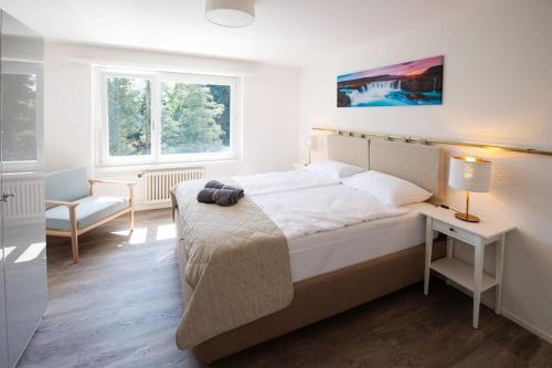 a bedroom with a large bed and a table with a lamp at Moderne & helle Wohnung mit Netflix & Bergsicht in Wetzikon