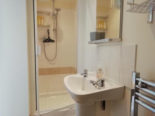 a bathroom with a sink and a shower at Lovely Lakeside lodge for families and friends in South Cerney