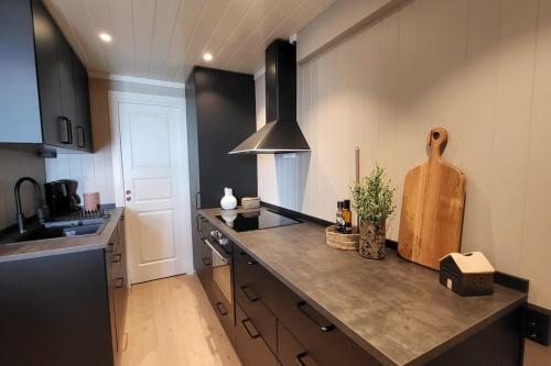 a kitchen with a counter top and a stove top oven at Midt i Drammen - supersentralt og gratis parkering in Drammen