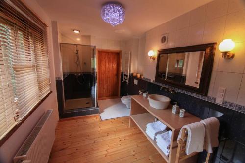 Un baño con lavabo y un espejo grande. en Vakantiehuis Reuzengebergte, en Szklarska Poręba