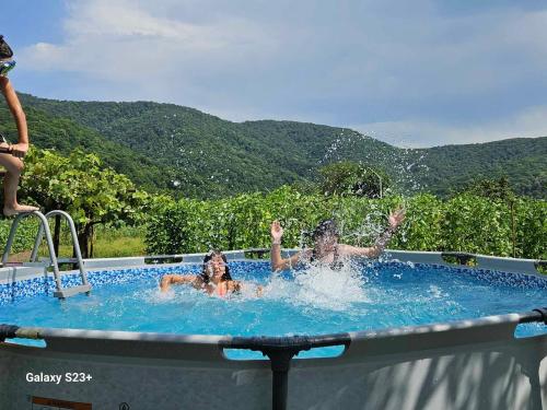 two people are in a swimming pool with mountains in the background at Guest house Lagodehki 