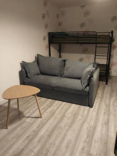 un salon avec un canapé et une table dans l'établissement studio hyper centre, wifi,, à La Châtre