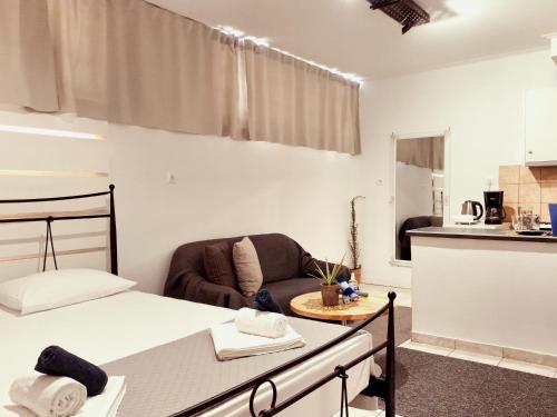 1 dormitorio con 1 cama y 1 sofá en una habitación en Studio V3st & Parking, en Larisa