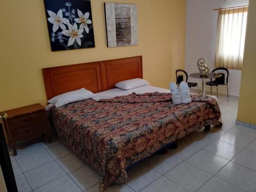 グアヤキルにあるOlmedo Plaza Hotelのベッドルーム1室(ベッド1台、テーブル、椅子付)
