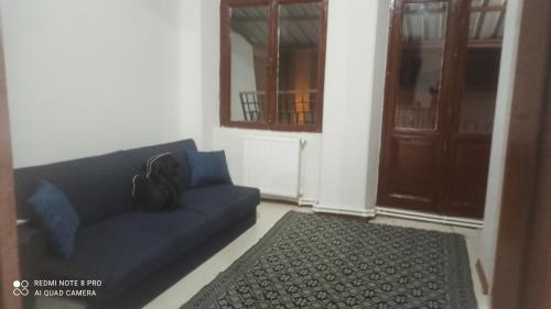 a blue couch in a living room with a dog sitting on it at Hamza malikhane (Hane) in Trabzon