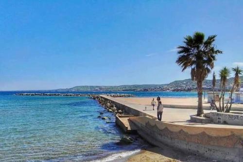 a beach with palm trees and people walking on it at Comodo appartamento a Crotone in Crotone