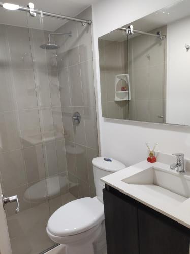 La salle de bains est pourvue d'une douche, de toilettes et d'un lavabo. dans l'établissement Hermoso Apartamento frente al lago, à Paipa