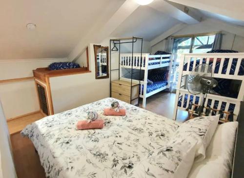 a bedroom with a bed and two bunk beds at Villa within walking distance of cable beach Australia in Cable Beach