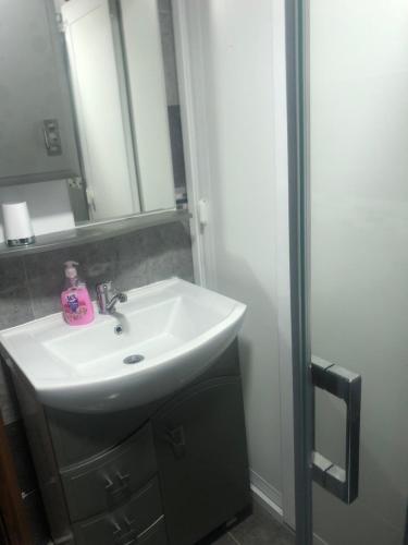 a bathroom with a white sink and a mirror at Center lux Apartments in Bitola