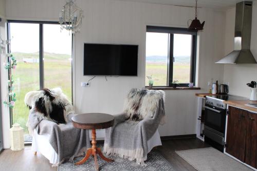 cocina con 2 sillas, mesa y TV en Stóri-Bakki cosy cottage near Egilsstaðir-Jökull, en Stóri-Bakki