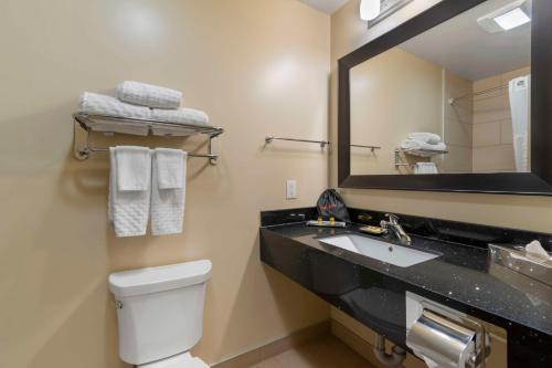 a bathroom with a toilet and a sink and a mirror at Best Western Plus Moose Jaw in Moose Jaw