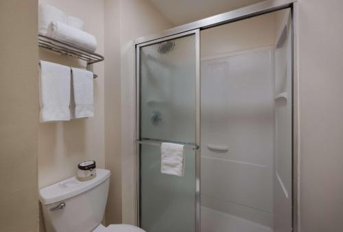 bagno con doccia e servizi igienici. di SureStay Plus by Best Western Woodbury Inn a Woodbury