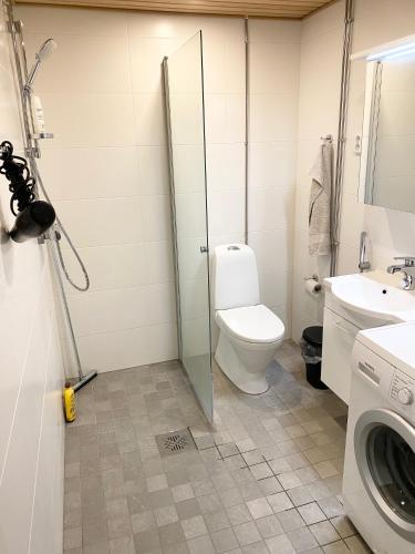 a bathroom with a toilet and a sink and a washing machine at PEURANIITTY 3 - Modern easygoing apartment in Espoo