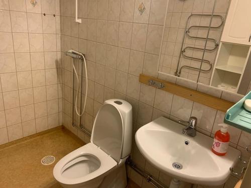 a bathroom with a toilet and a sink at Charming Downtown Gem in Linköping