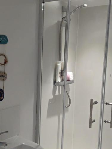 a shower with a glass door next to a sink at The Cosy Beach in Llanelli