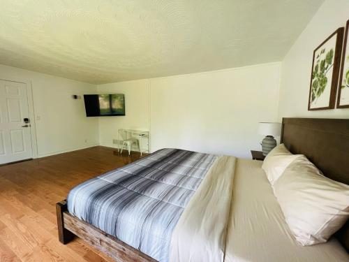 1 dormitorio con 1 cama grande y TV en Letitia Heights !G Stylish and Spacious Private Bedroom with Shared Bathroom en Barrie