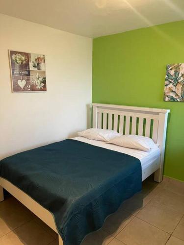 uma cama num quarto com uma parede verde em Appart charmant - Lumineux em Les Abymes