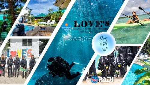 a collage of photos of people on the beach at Love's Beach & Dive Resort in Moalboal
