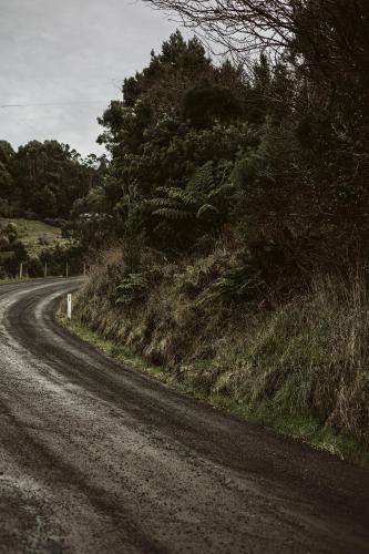 a dirt road with trees on the side of a hill at Point of View Villas in Apollo Bay