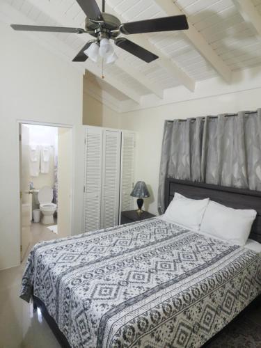 1 dormitorio con 1 cama y ventilador de techo en Stonebrook Villa, en Falmouth