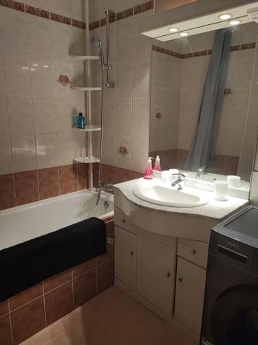 une salle de bain avec un lavabo, une baignoire et un miroir dans l'établissement F3 plein centre ville de Gien, à Gien