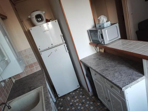 a kitchen with a white refrigerator and a microwave at F3 plein centre ville de Gien in Gien