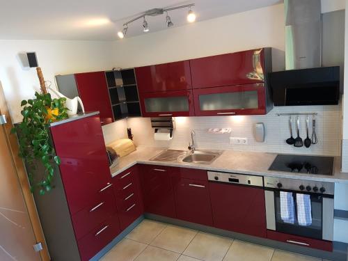 een keuken met rode kasten en een wastafel bij Appartment Ahorn in Maria Alm am Steinernen Meer