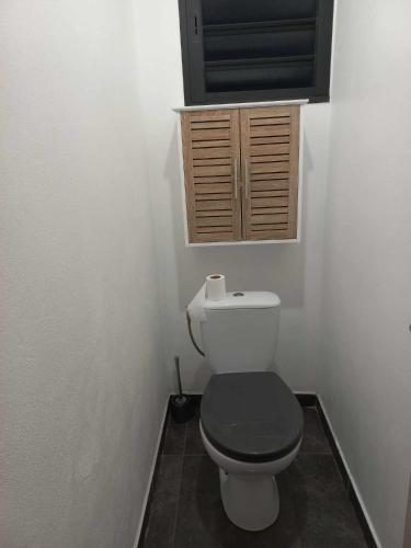 a bathroom with a toilet with a wooden cabinet at Corail Azur Terre Sainte in Saint-Pierre