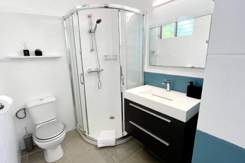 ein Badezimmer mit Dusche, Toilette und Waschbecken in der Unterkunft La Belle Vue - Grand studio vues mer et accès plages in Deshaies