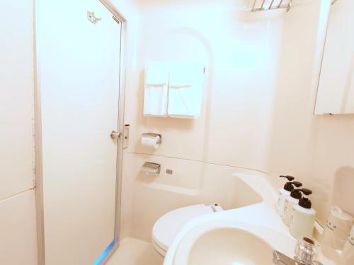 a white bathroom with a toilet and a sink at Hotel Montoview Yonezawa in Yonezawa