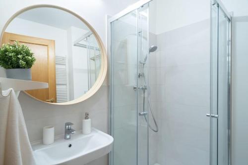 a bathroom with a shower and a sink and a mirror at Ap. with free parking near BudapestCongress Centre in Budapest