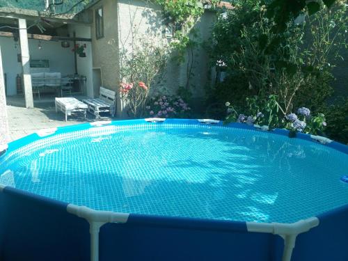 a large blue swimming pool in a yard at Guest House Emiliya in Ovchartsi