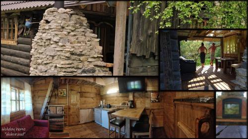 a collage of pictures of a log cabin at Uneallika hubane saunaga majake "Hoburaud" in Pae