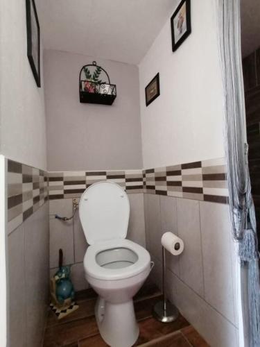 une salle de bain avec des toilettes blanches dans une chambre dans l'établissement Le Pick up 403 vintage, à Oradour-sur-Glane