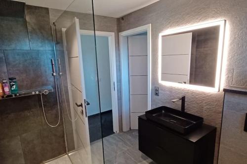 bagno con doccia in vetro e lavandino di Appartement Villa du Golf a Payerne